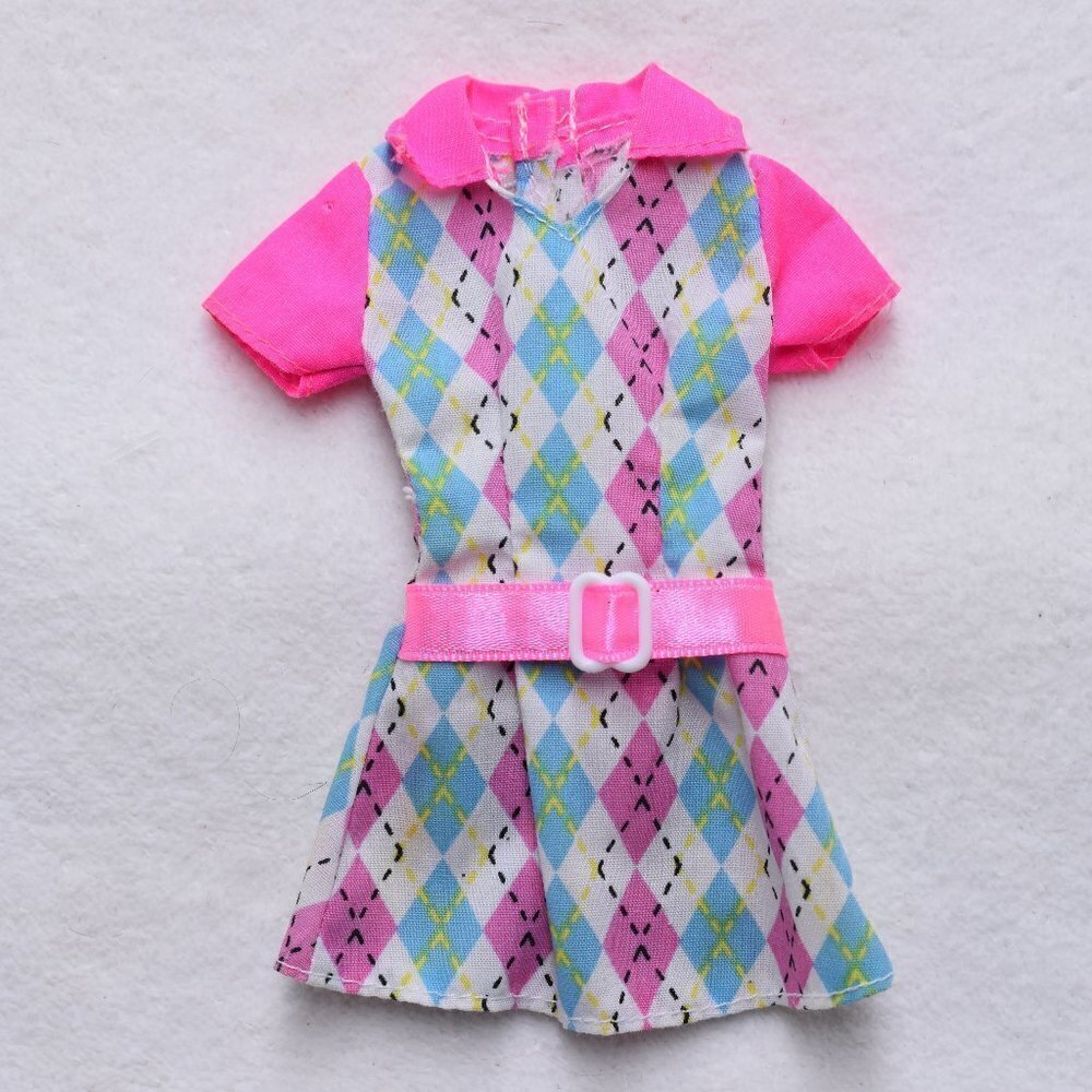 Vintage Genuine Mattel Barbie Checkered Dress Colorful Pink Green Replacement